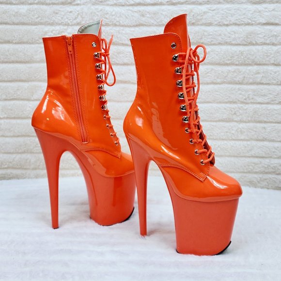 Flamingo Bright Orange Patent Towering 8" High Heel Platform Ankle Boots - Picture 3 of 11